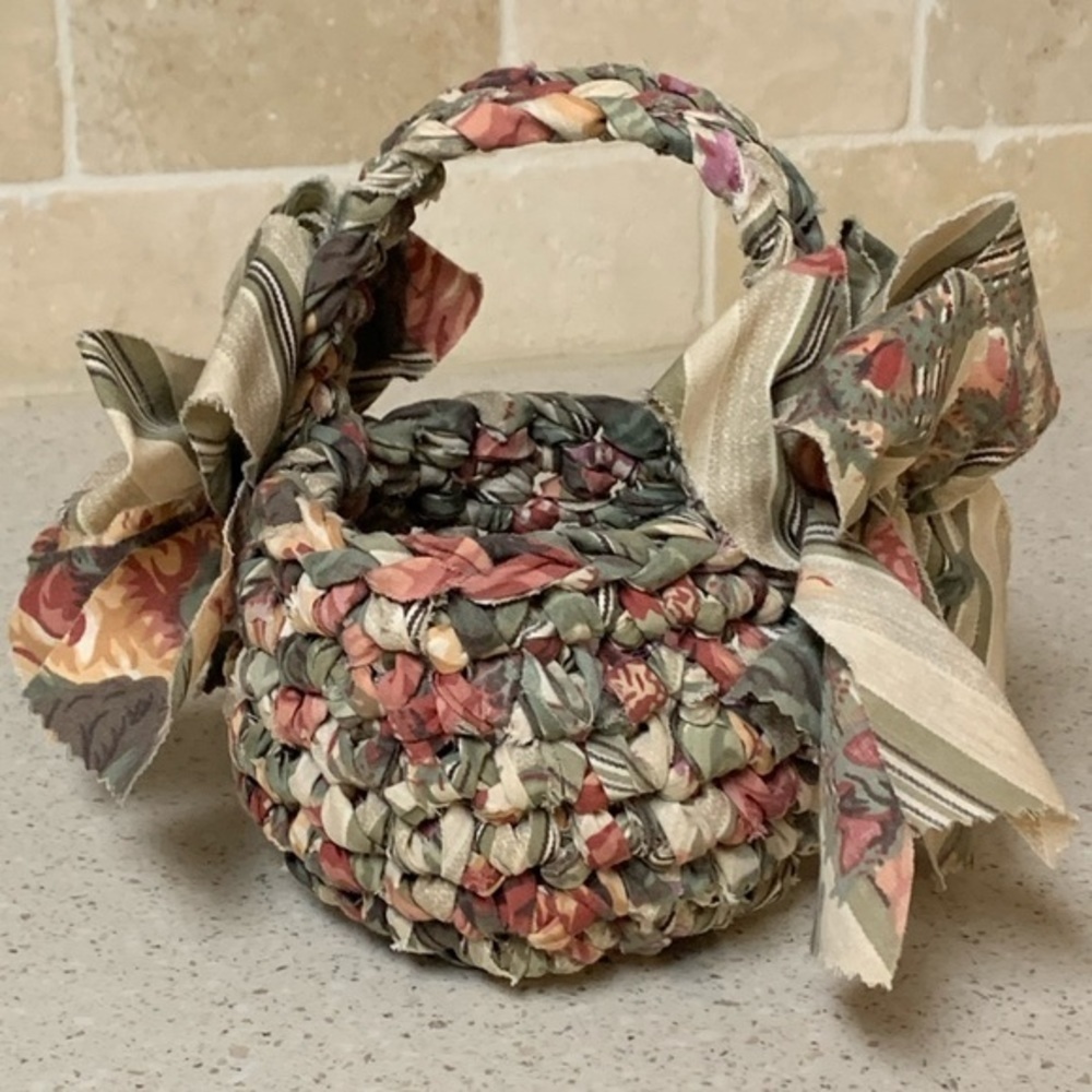 Vintage Woven Fabric Rag Basket - green, mauve